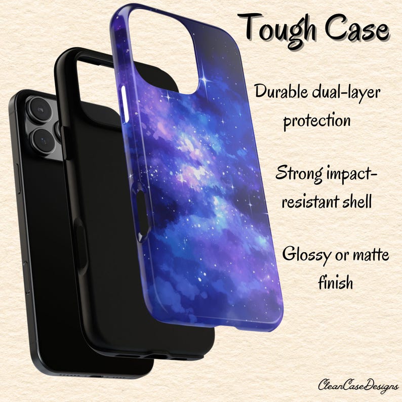 May include: A phone case with a galaxy print. The case is made of a durable, impact-resistant material and has a glossy or matte finish.  Tough Case. Durable dual-layer protection. Strong impact-resistant shell. Glossy or matte finish. Clean Case Designs.