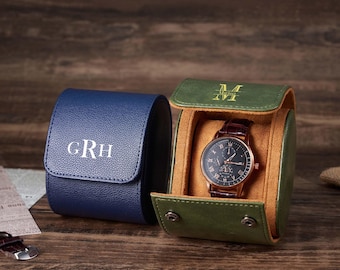 Caja de reloj de cuero retro, rollo de reloj personalizado con 1 ranura, estuche de viaje compacto con 3 ranuras, regalo para papá, regalo para el Día del Padre, regalo con nombre personalizado