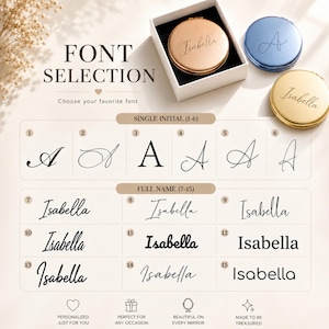 May include: Three round compact mirrors in rose gold, blue, and gold finishes, displayed with a font selection chart. The chart lists single initials 1-6 and full names 7-15 in various typefaces, with the text FONT SELECTION visible at the top.