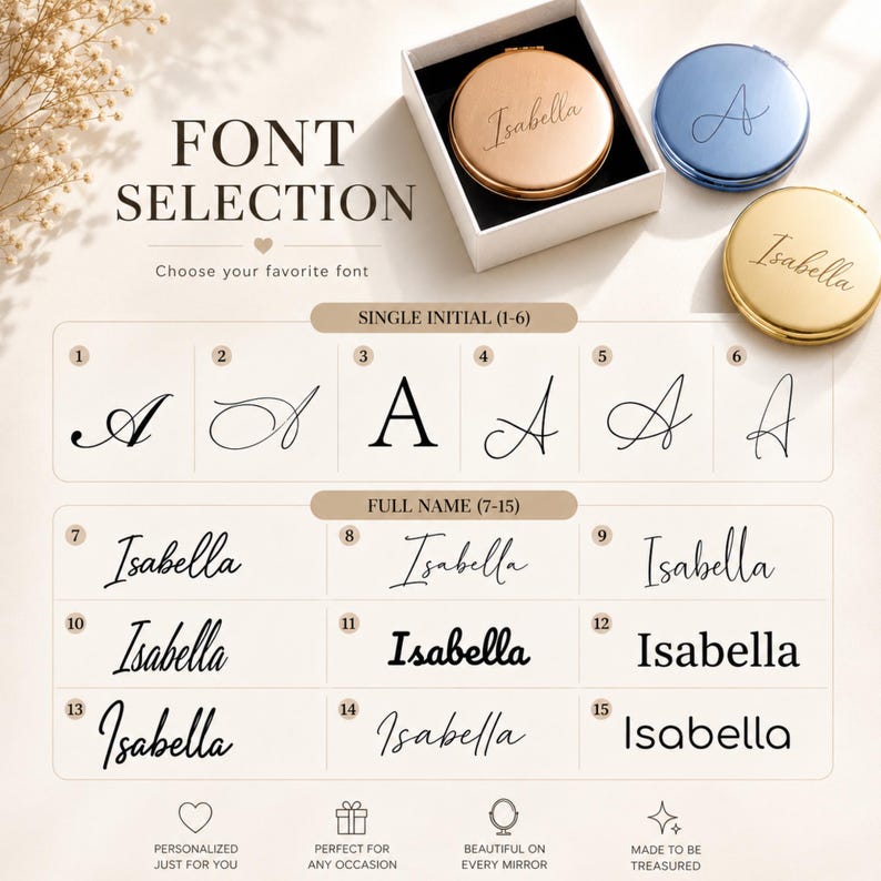 May include: Three round compact mirrors in rose gold, blue, and gold finishes, displayed with a font selection chart. The chart lists single initials 1-6 and full names 7-15 in various typefaces, with the text FONT SELECTION visible at the top.