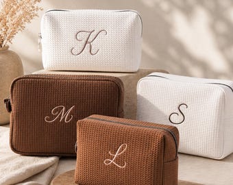 Monogram Makeup Bag, Personalized Initial Cosmetic Pouch, Embroidered Waffle Bag, Unique Gift for Her