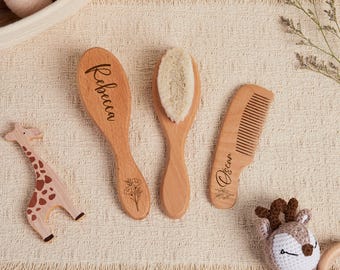 Juego de cepillos de madera personalizados para el pelo de bebé, cepillo y peine de madera para niños, regalo de primer cumpleaños personalizado, cepillo con nombre grabado, regalo para ella