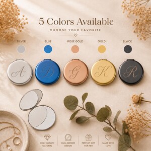 May include: Five round compact mirrors in silver, blue, rose gold, gold, and black, each engraved with a letter. The text reads 5 Colors Available, Choose Your Favorite, High Quality Material, Dual Mirror Design, Perfect Gift For Her, Made With Love.