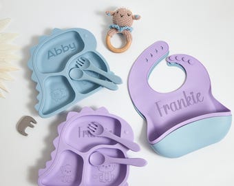 Set of 8 Eco Friendly Silicone Weaning Set with Engraved Name, Engraved Sippy Cup & Snack Lid, Ideal Baby Feeding Set, First Birthday Gift