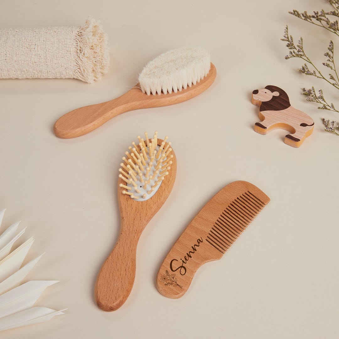 Custom 3 Piece Kids Hair Brush Set Engraved Name Baby Shower Gift 