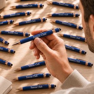 May include: A collection of blue ballpoint pens with rose gold accents and a stylus tip. Each pen features the text "Tennis Club" printed in white. The pens have a matte finish, a pocket clip, and a tapered point, designed for writing and touchscreens.