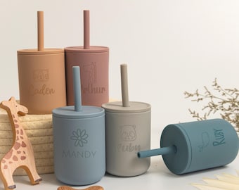 Custom Non Spill Baby Training Cup with Straw, Engraved Sippy Cup, Back to School Gift, Toddler Silicone Cup 7oz, Toddler Gift,Birthday Gift