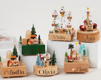 Caja de música de madera personalizada con nombre grabado, regalo para baby shower, recuerdo para recién nacidos, decoración de habitación infantil, noria, carrusel, tren.