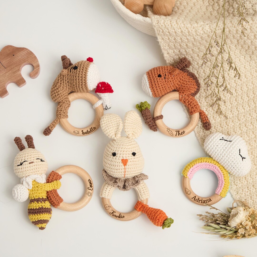 Stuffed Rattle Rings Personalized Baby Rattle, Custom Name Engraved Rattle Ring, Baby Shower ...