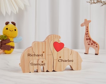 Personalized Wooden Elephant Family Puzzle, Wooden Engraved 2 to7 Members, Unique Family Gift, Wedding Gift, Anniversary Keepsake,Home Decor
