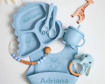 Set of 8 Eco Friendly Silicone Weaning Set with Engraved Name, Engraved Sippy Cup & Snack Lid, Ideal Baby Feeding Set, First Birthday Gift