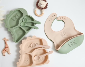 Custom Kids Dining Set of 8, Dinosaur Shaped Kids Feeding Plate, Washable Baby Feeding Set, Silicone Baby Bib with Name,Unique Gift for Kids