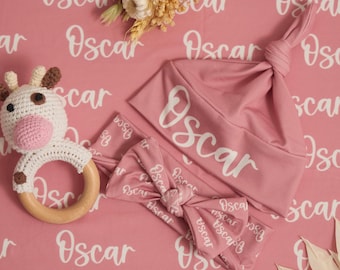 Rose Newborn Outfit for Baby Girl, Custom Baby Swaddle Set, Blue Baby Swaddle for Baby Boy, Personalized Name Swaddle,  Coming Home Outfit