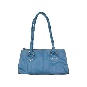 Vintage Blue Leather Satchel Shoulder Bag with Dual Braided Handles and Silver Rings | Y2K Aesthetic Handbag | Peek & Peek Collection