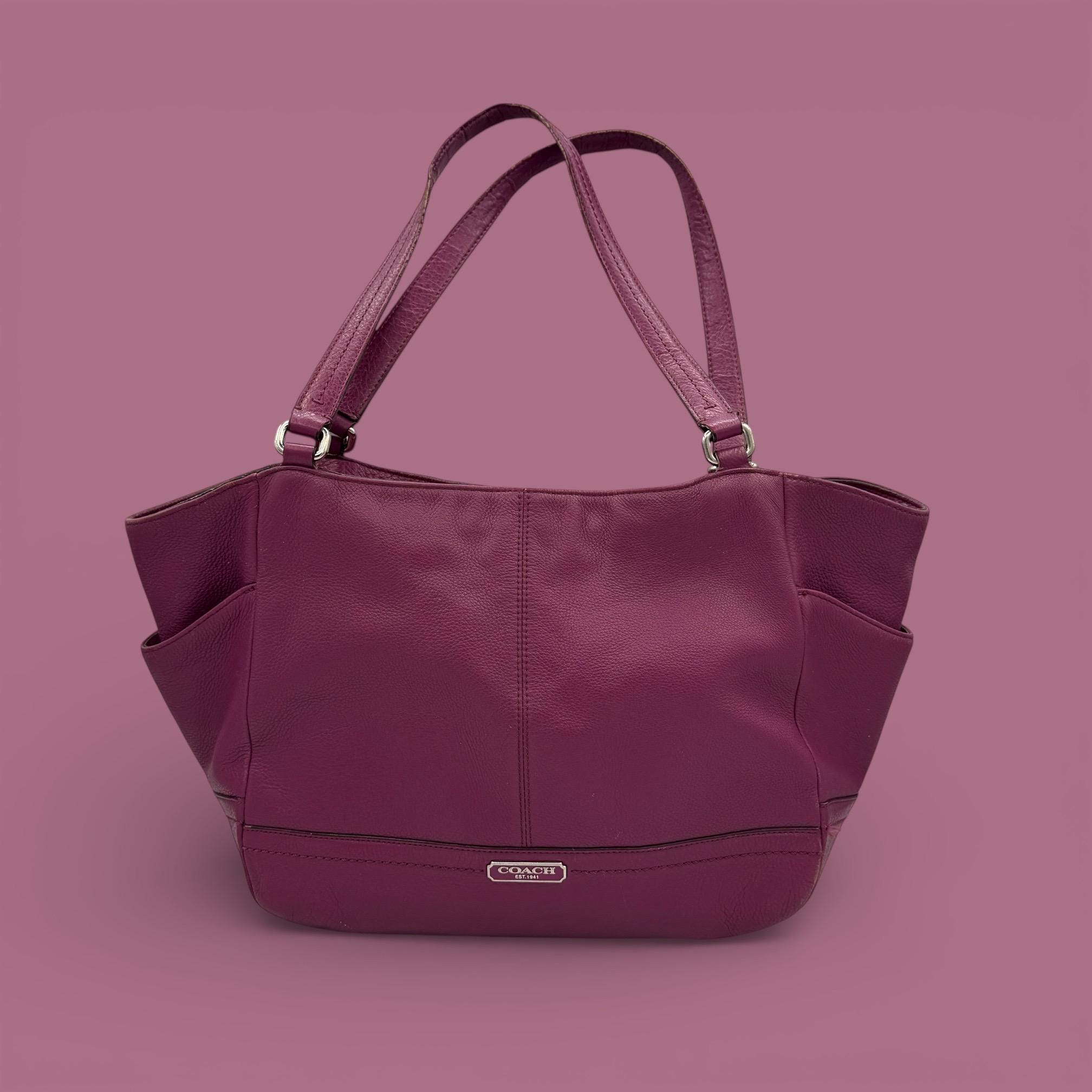 COACH Park Carrie Purple Pebbled Leather Tote Bag, Large Magenta 