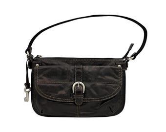 Vintage Y2K Fossil Black Leather and Canvas Shoulder Bag | Mini Hobo Purse with Flap