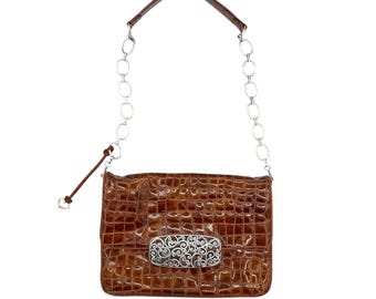 Brighton All You Need Is Love Anahita Brown Patent Croc Shoulder Bag Silver Chain