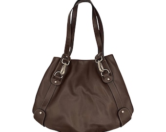 Oversized Brown Faux Leather Tote Bag with Silver Hardware, Shoulder Bag with Detachable Coin Pouch | Slouchy Handbag