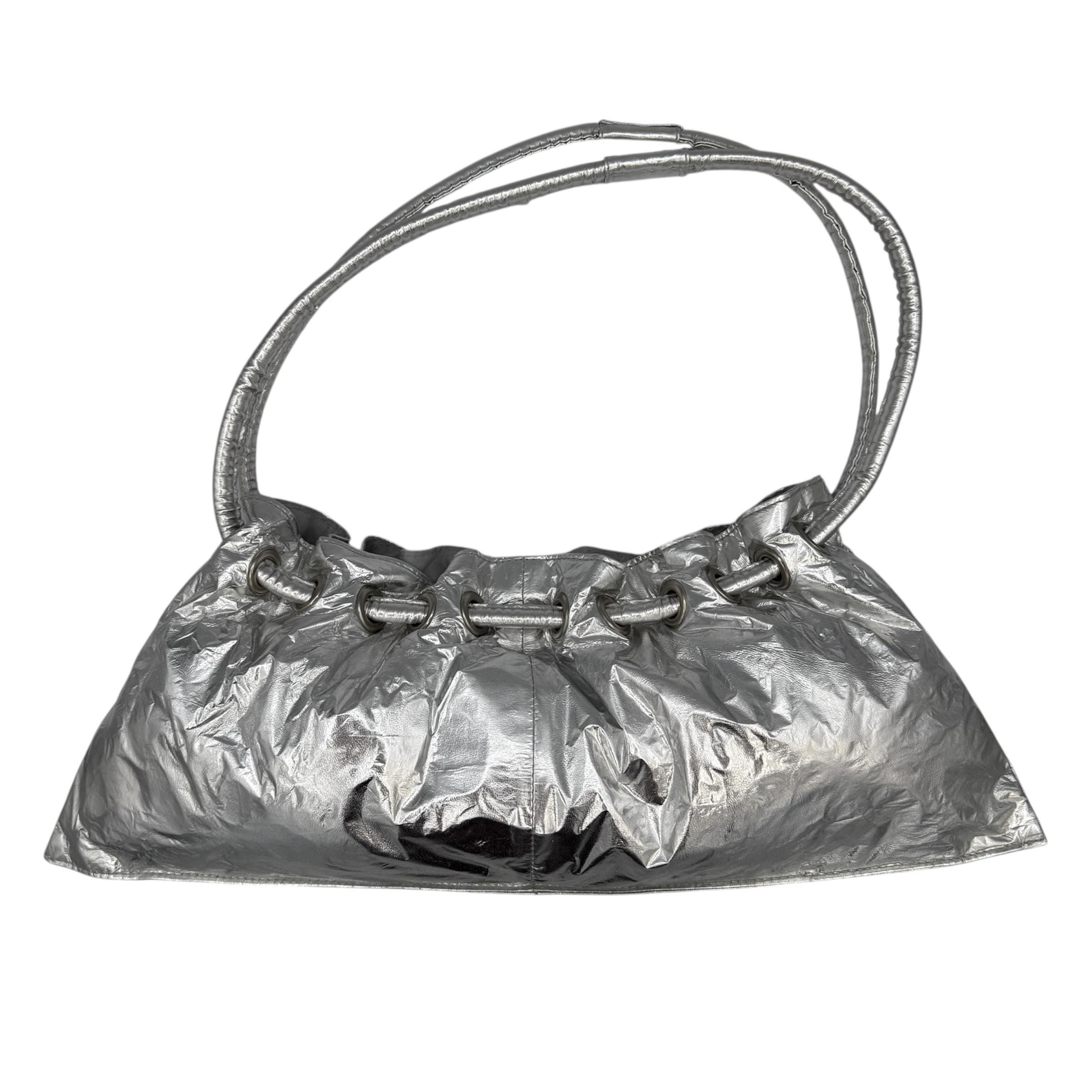 Metallic Silver Crinkle Shoulder Bag • Y2K Space Age Purse 