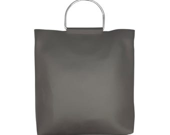 Minimalist Grey Faux Leather Tote Bag With Metal Ring Handle
