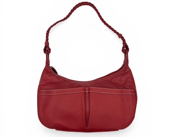 Bolso de hombro estilo hobo vintage de piel roja / Bolso con correa trenzada en forma de media luna / Bolso de mano holgado estilo boho Y2K / Bolso con bolsillo frontal y costuras en contraste