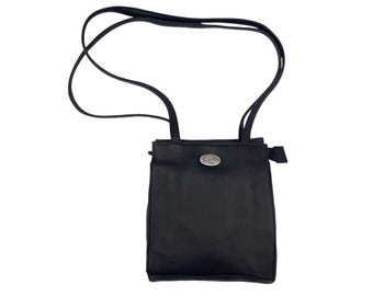 Vintage Black Pebbled Leather Crossbody Purse with Duck Medallion - Small, Long Strap Shoulder Bag