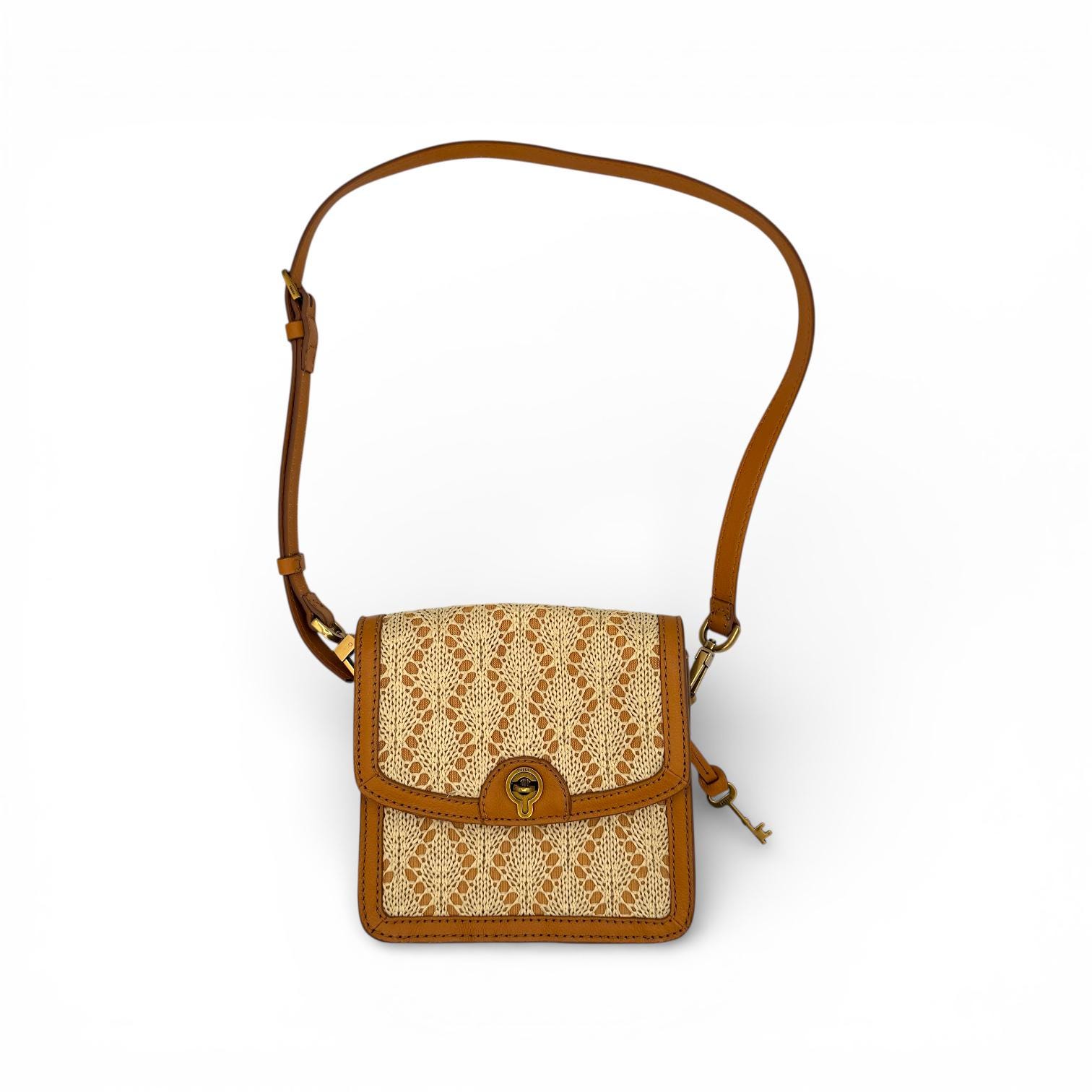 Vintage Fossil Ainsley Crochet Leather Shoulder Bag Tan Boho Y2K