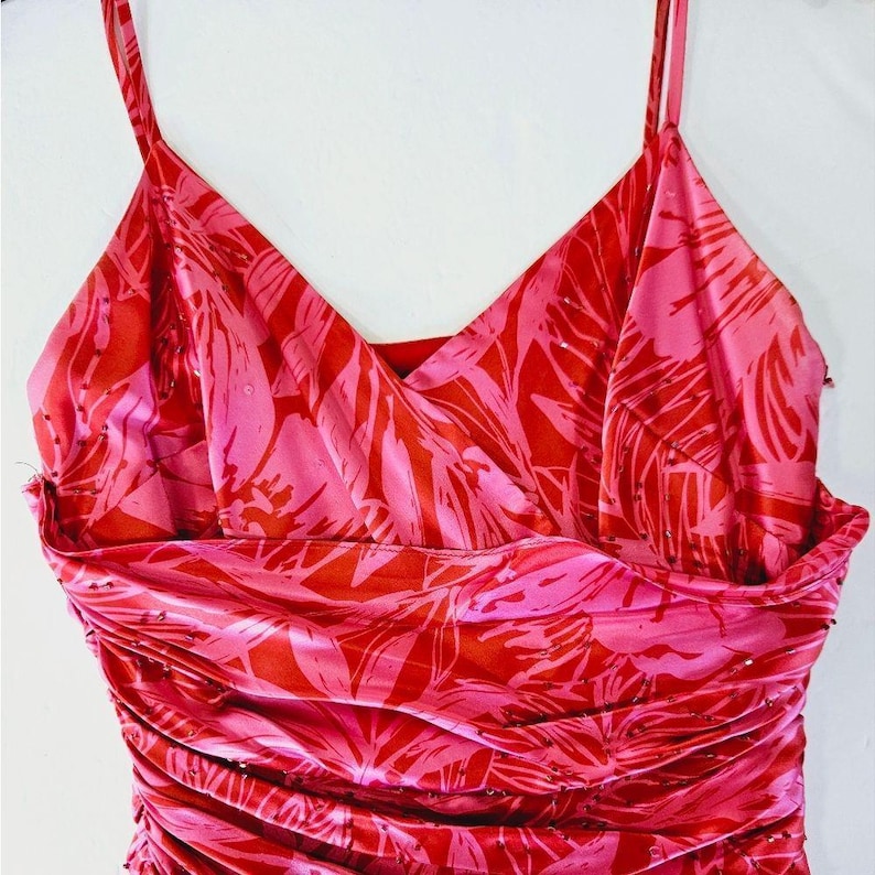 VintageAdrianna Papell 100% zijde Y2K tropische roze midi-feeënjurk met kralen 8 afbeelding 3