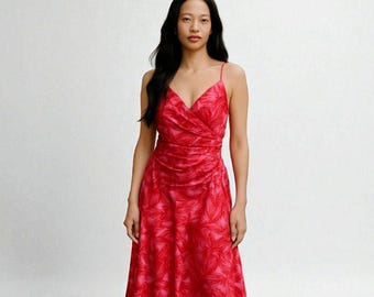 vintage Adrianna Papell - Robe de fée mi-longue perlée rose tropicale de l'an 2000 en soie de l'an 2000