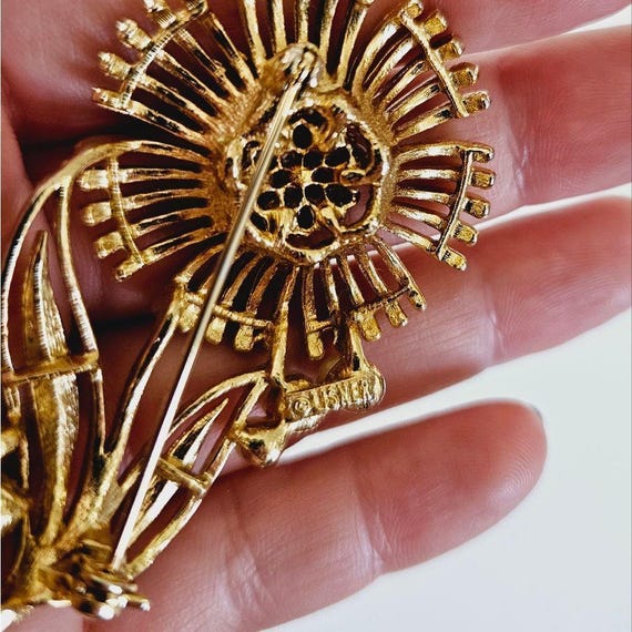 Vintage1950s Lisner Signed Sunflower Floral Faux Pearl Gold Tone
