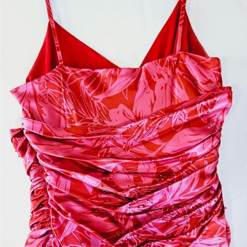 VintageAdrianna Papell 100% zijde Y2K tropische roze midi-feeënjurk met kralen 8 afbeelding 8