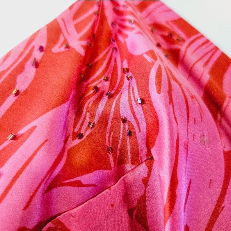 VintageAdrianna Papell 100% zijde Y2K tropische roze midi-feeënjurk met kralen 8 afbeelding 10