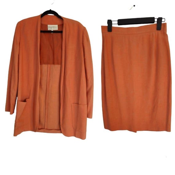 Byblos, Vintage Byblos Italian Burnt OrangeTailored Open Front '80s Skirt Suit Set 44/8