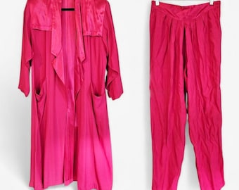 Vintage Forenza jaren 80 retro fuchsia satijnen oversized stofdoek broekset met spantaille 10