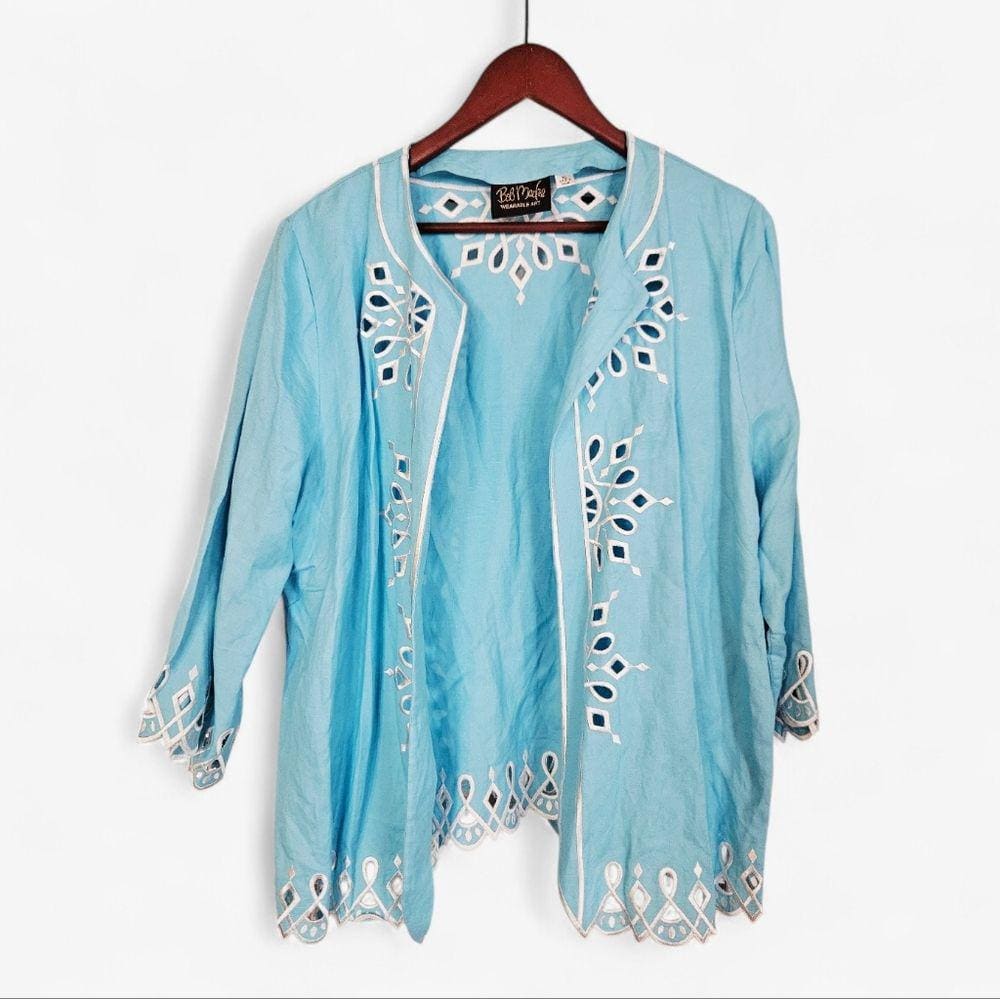 Bob Mackie Linen Cardigan Tank Set, Blue Eyelet Wearable Art, XL