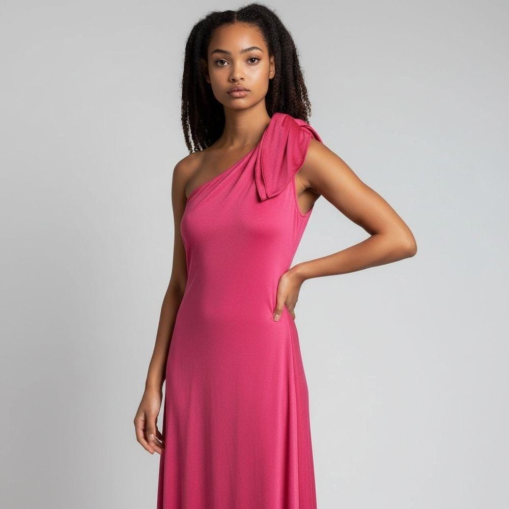 Halston Heritage Grecian One-Shoulder Leg Slit Fuchsia Pink Evening Gown Dress M