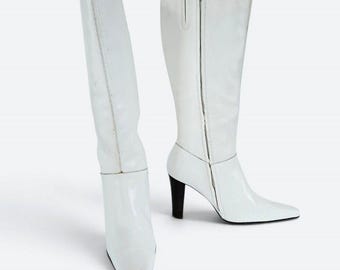 Vintage Tabita White Leather Block Heel Pointed Snip Toe Tall Go-Go Boots 10