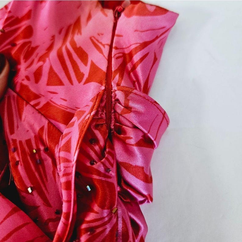 VintageAdrianna Papell 100% zijde Y2K tropische roze midi-feeënjurk met kralen 8 afbeelding 9