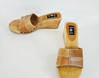 Vintage l.e.i. Wooden Diedra Platform Patchwork Leather Slip On Mule Sandals 8.5
