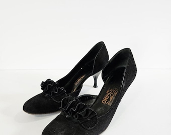 Salvatore Ferragamo Vintage Black Suede Ruffle Embellishment D'Orsay Pumps 8 2A