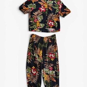Vintage SPA Perlen Tropical Print Hawaiian Shirt Pant 2-teiliges Coord-Set L