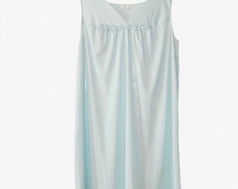 Camicia da notte vintage Vanity Fair blu pastello in nylon satinato con dettagli floreali, taglia XXL