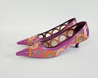 Prada Vintage Mesh Mod Patent Leather Pointed Toe Kitten Heel Pumps 37.5 - Flaw