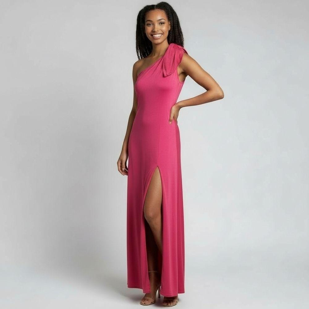 Halston Heritage Grecian One-Shoulder Leg Slit Fuchsia Pink Evening Gown Dress M Halston Heritage Grecian One-Shoulder Leg Slit Fuchsia Pink Evening Gown Dress M