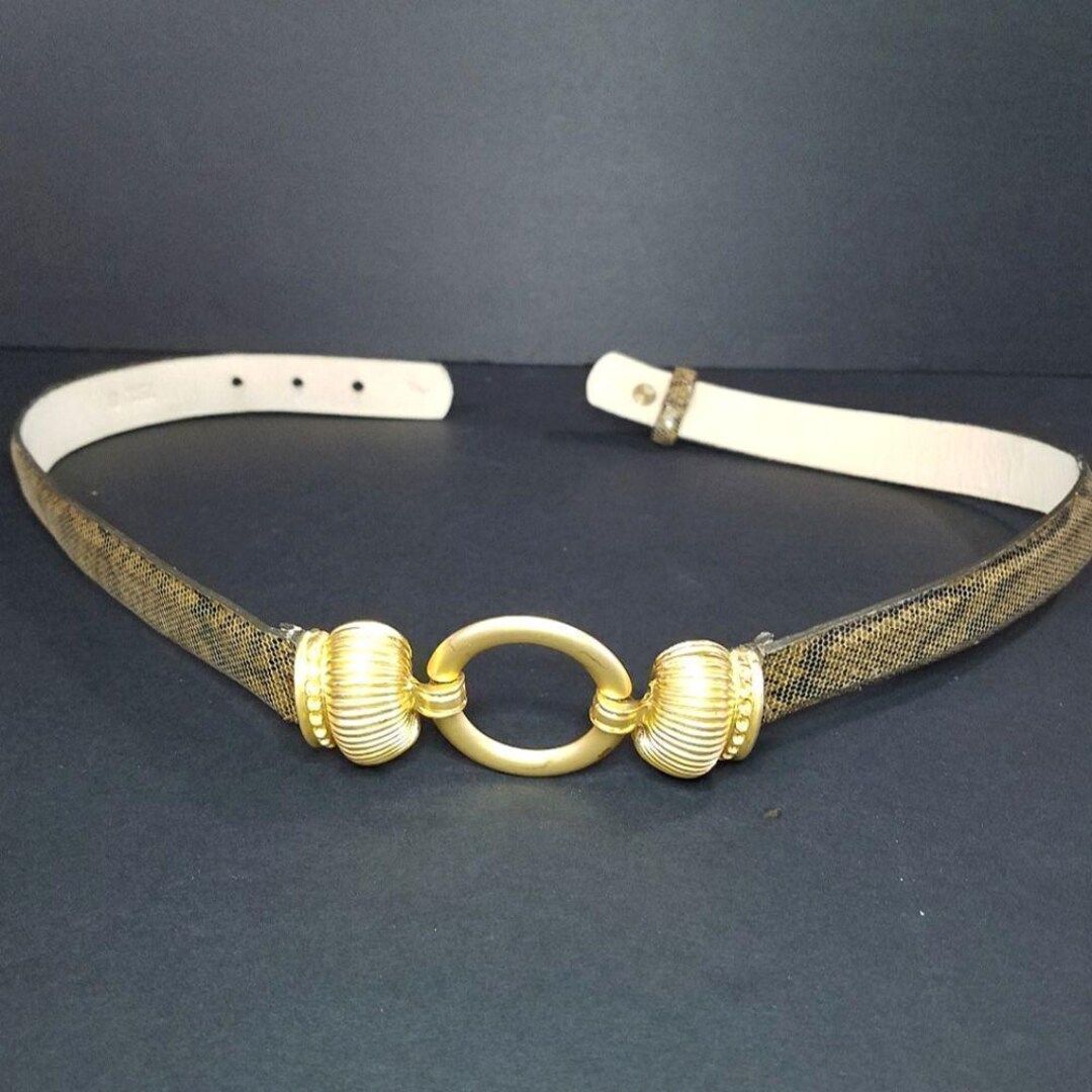 The Worth Collection Karung Snakeskin Belt, thin, brown, gold, S, like new Skinny Karung Belt with Long Gold Buckle - w.kleinberg main image 4