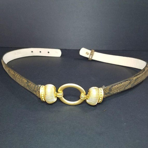 Vintage Tan Snakeskin Belt with Gold tone Accents Vintage Tan Genuine Snakeskin Leather Floral Gold Buckle  main image 3
