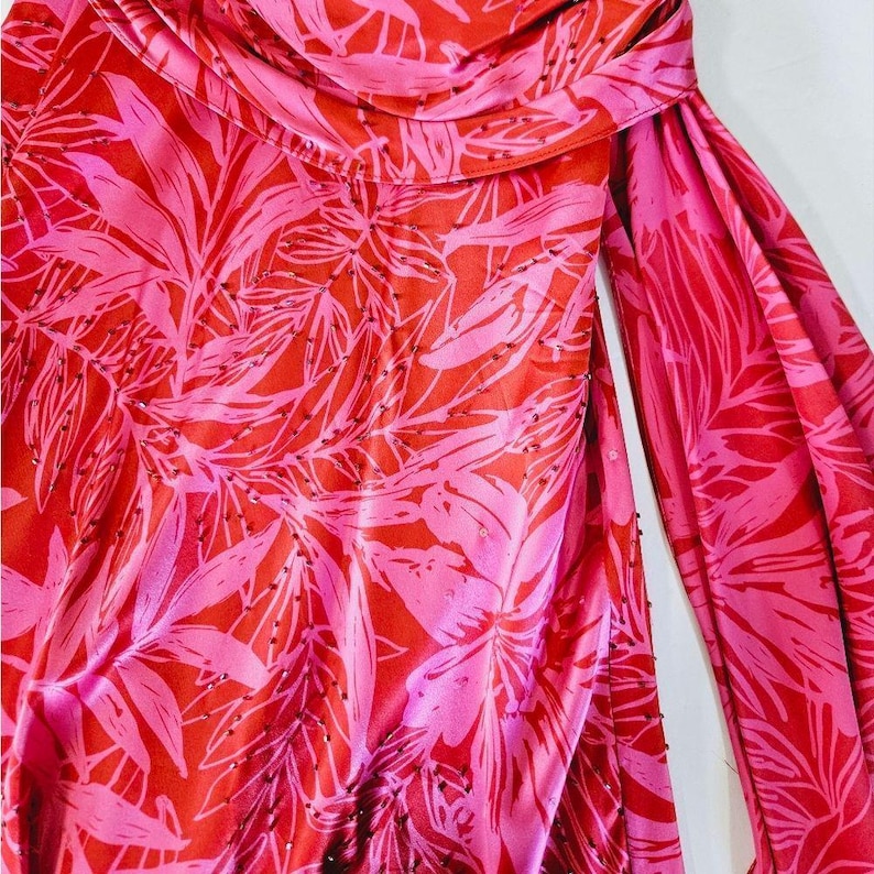 VintageAdrianna Papell 100% zijde Y2K tropische roze midi-feeënjurk met kralen 8 afbeelding 6