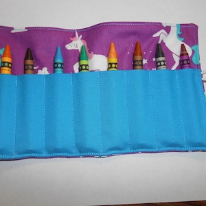 Unicorn crayon roll up holds 8 to 15 crayons  pink purple turquoise