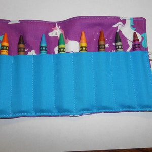 Unicorn crayon roll up holds 8 to 14 crayons  pink purple turquoise