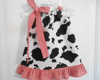 Pillowcase cow print dress with red gingham check tie and ruffle infant through 7/8 years